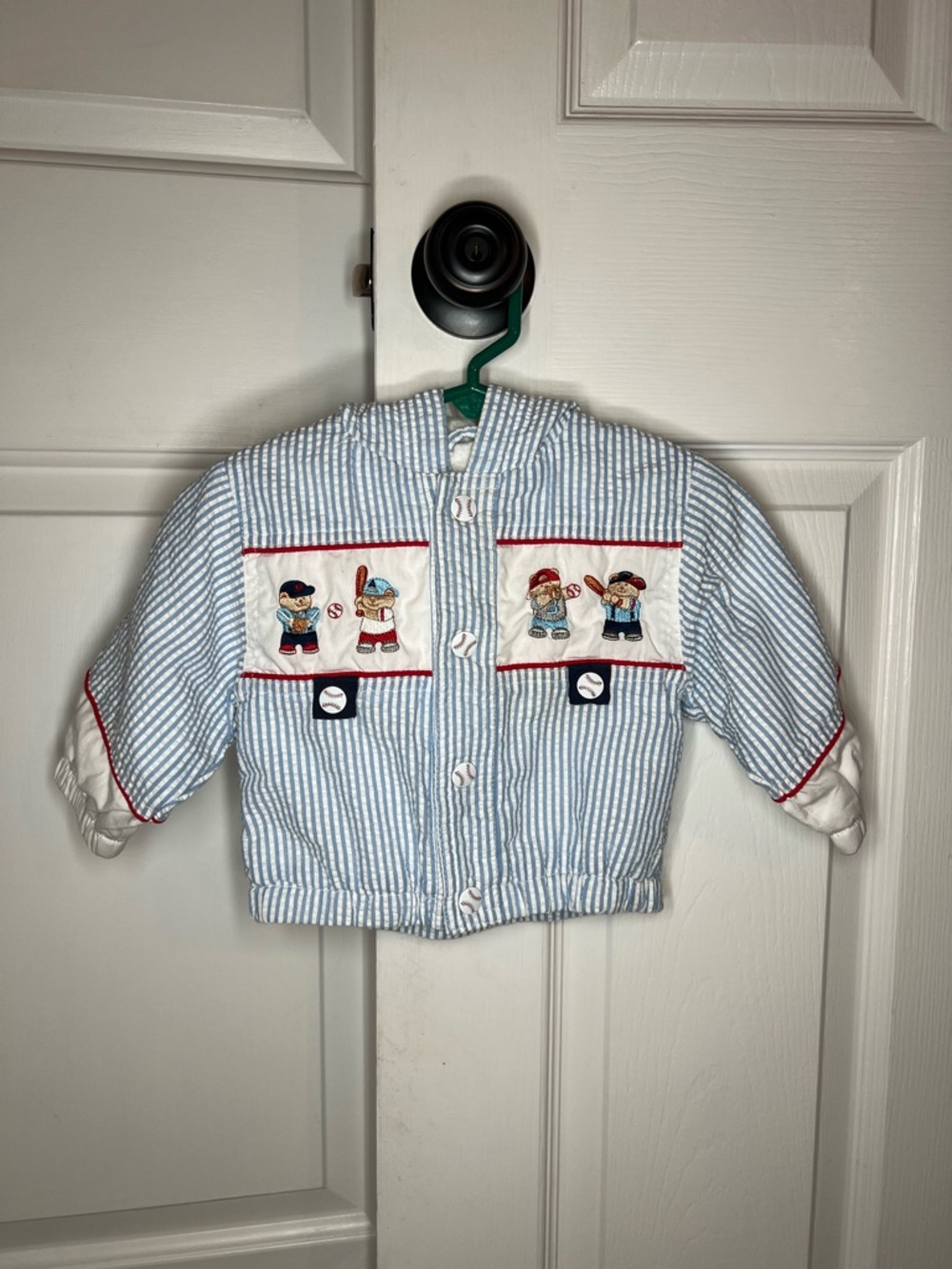 Vtg Casual Time Baby Boy Blue White Seersucker Jacket Baseball Baby Boy 6-9M.